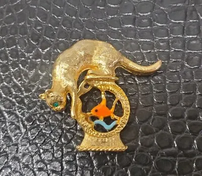 Vintage Gold Crown Brooch Pin Cat On Fishbowl Orange Fish Goldtone Enamel Signed • $18.74