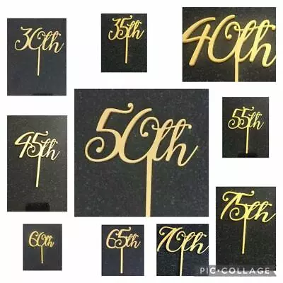 Happy Birthday Cake Topper Gold Acrylic 30th 35 40th 45 50 55 60th 65 70th 75th • £3.80