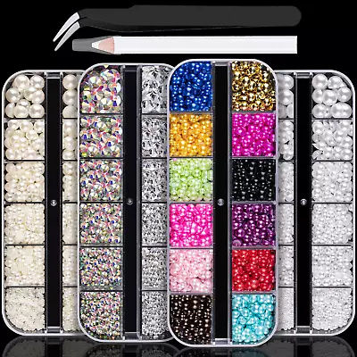 4800 Pcs 4 Boxes Flat Back Rhinestone&Pearls Kits Flatback Round Glass Crystal A • $19.99