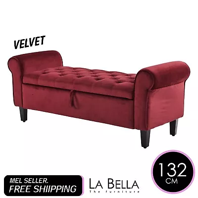 La Bella Storage Ottoman Bench Seat 132cm Chest Arm Couch Stool Velvet - Red • $227.90