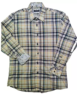 Zagiri Men Medium Multi Plaid Flip Cuff 100% Cotton Long Sleeve Button Shirt • $15.99