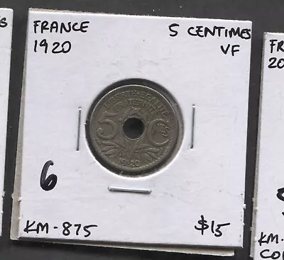 1920-France- 5 Centimes-VF-KM-875 • $4.99
