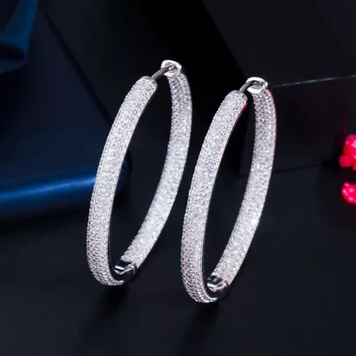 Silver Plated Round Circle Hoop Earrings Women Cubic Zircon Micro Paved Jewelry • $8.92