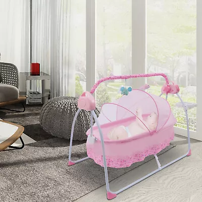 Pink Electric Baby Rocker Swing Rocking Crib Cot Bed Infant Cradle W/ Bluetooth • £71.25