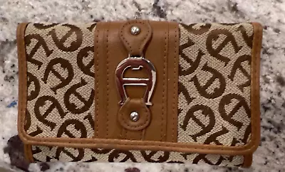 Etienne Aigner Chestnut & Brown Tri-Fold Wallet Vintage Cloth Leather Trim • $9.99