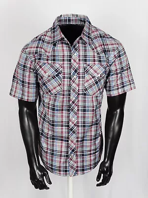 Mens Western Black Pink Blue Plaid Shirt Short Sleeve Snap Up Two Flap Pockets • $16.95