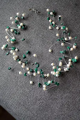 AAA Cultured Pearl/Malachite 6 Strand 17  Invisible Necklace 925 Sterling NWOT • $14.95
