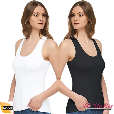 Womens Cotton + MODAL Plain Vest Ladies Stretchy Tank Top Wide Strap Vests • £5.99