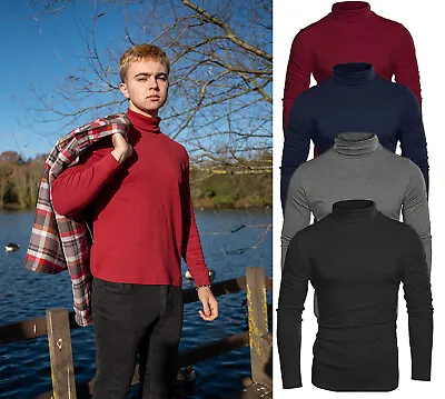 Mens Roll Neck Jumper 100% Soft Cotton Long Sleeve Top Lightweight S-3XL • £11.99