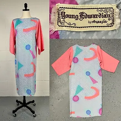 Vintage 80s Pastel Geometric Memphis Design Satin Sheath Dress Young Edwardian 8 • $69.99