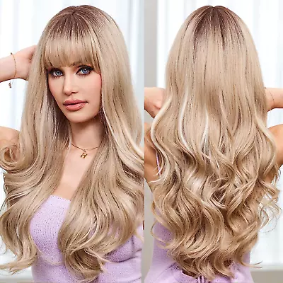 Ombre Blonde Wavy Wigs For Women Highlight Color Wigs With Bangs Long Curly Heat • £31.30