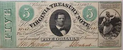 1862 $5 Virginia Treasury Note 'Civil War Era' Nice Note. Store #11239 • $85