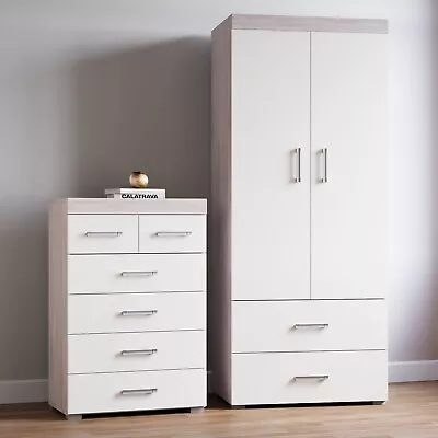 White & Grey Oak 2 Door Wardrobe & 4+2 Chest Of Drawers Bedroom Furniture Set • £191.95