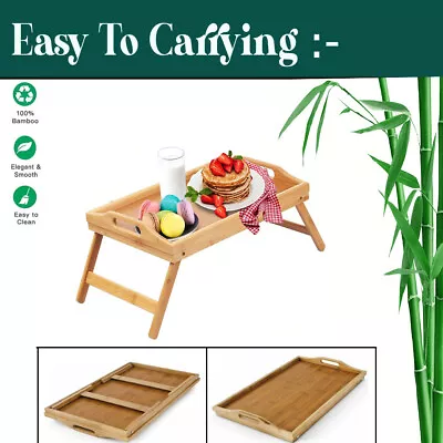 Bamboo Lap Tray Serving Tray With Handles Wooden Breakfast Over Bed Folding Legs • £10.27