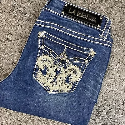 LA Idol USA Jeans Womens 29x34 Stitched Pocket Stretch Blue Denim Size 5 Pants • $19.51