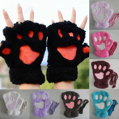 $5.59 • Buy Women Bear Plush Cat Paw Claw Gloves Winter Faux Fur Fingerless Mittens Gloves#