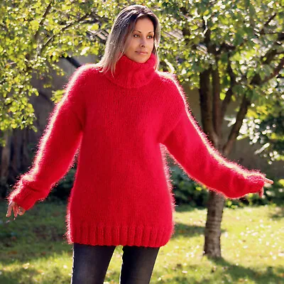 Sexy Hand Knitted Mohair Sweater Fluffy Jumper Designer Turtleneck Red Pullover  • $125