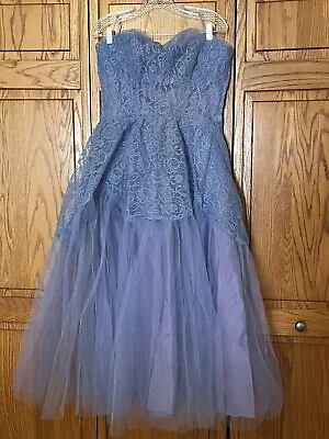 Vtg 50's Blue & Purple Strapless Bombshell Tulle Lace Formal Prom Dress Gown • $125