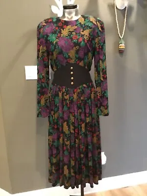 Vtg Dress 80's Jessica Howard Victorian USA Floral Elastic Corset Waist 6 P • $27