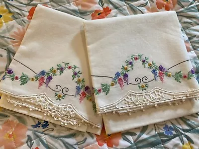 Pr. Vtg.Hand Embroidered Pillowcase Set Grapes Flowers Crochet Trim • $15