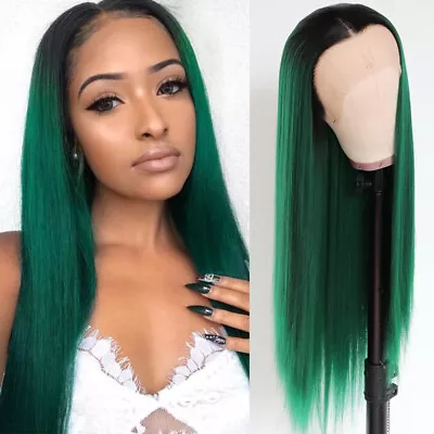 Pre Plucked Long Straight Hair Synthetic Lace Front Wigs Ombre Green Women Party • $20.81