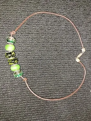 Brown Leather Necklace With Green & Black Round Glass Ball Troll Like Bead Charm • $14