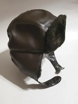 Vintage Brown Trooper Vinyl Mouton Leather USA Snap Ear Flaps Langenberg Hat Cap • $19.99