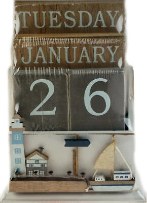 £12.99 • Buy Nautical Wooden Perpetual Calendar Desk Top Eternal Calendar Blocks - Lighthouse
