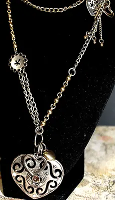 Silver Gold Heart Charm Necklace Pendant Steam Punk Amber Rhinestone Metal Chain • $14.41