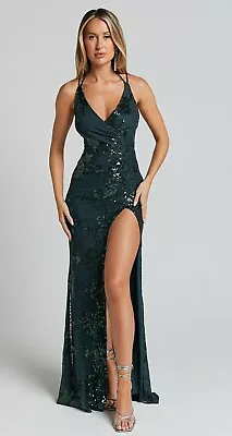 Showpo Out Till Dawn Maxi Dress - Thigh Split Dress In Emerald Sequin • $69