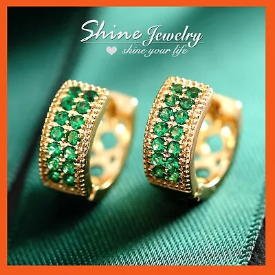 18k Gold Gf Womens Kids Small Filigree Band Green Emerald Gem Hoop Earrings Gift • £8.03