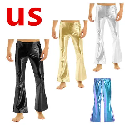 US Men's Shiny Metallic 70s Retro Disco Pants Bell Bottom Party Dance Trousers • $14.95