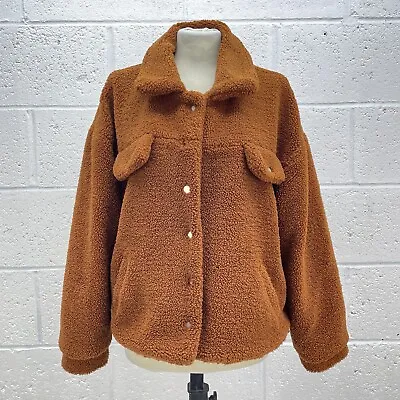 Zaful Brown Borg Jacket Sherpa Button Up Oversized Lined Thick Y2k Uk L • $20.50