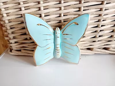 Retro..wall Planter...wall Vase..butterfly Shaped...blue And Gold....ceramic • £5.95