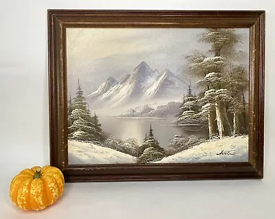 Snowy Mountain Winter Scene Lake Pond Snow Trees Oil Painting Framed Art Signed • $80