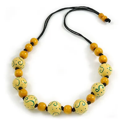 Yellow Wooden Bead Black Cotton Cord Necklace - 70cm Long/ Adjustable • £12