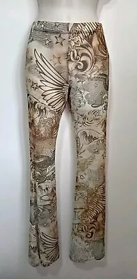 Urban Outfitters Beige Print Mesh Flared Pants 70s Trousers XS 6 8 Funky Stars • £15