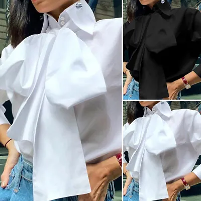 Womens High Neck Bowknot Tie Tops Shirt Party Club Solid Shirts Blouse Plus 8-24 • £15.19