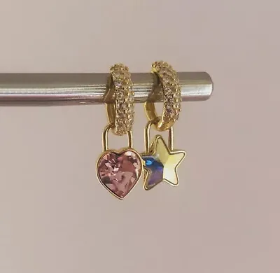 Swarovski Crystal Heart And Star PadLock Charm Huggies Earrings 14k Gold Plated • $30