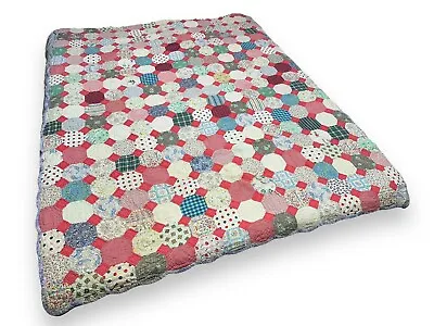 Vtg Hand Sewn Octagon Square Quilt Feed Sack Multicolor Prints 60x78” Distressed • $88.50