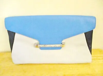 Vince Camuto Julia Black Gray Cobalt Leather Colorblock Envelope Clutch Handbag • $12.99