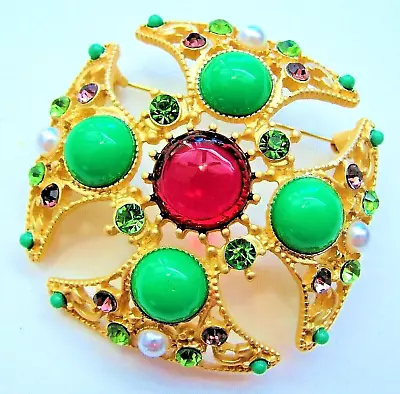 ELEGANT 3D JEWEL Maltese CROSS Rhinestone GOLD Green RUBY Vintage Inspire Brooch • $14.99