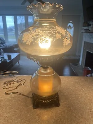 Vintage Hurricane Lamp L&L WMC Etched Glass Globe Floral Electric 3 Way 1970s • $99.99