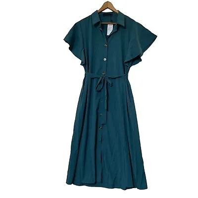 Zanzea Womens Dress Size XL Green Button Up Flutter Sleeves Belt • $24.99