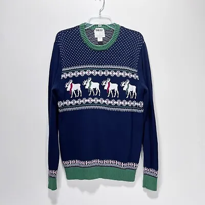 Aspen Sweater Men XL Christmas Moose Blue Long Sleeve Pull Over Fair Isle Nordic • $13.29