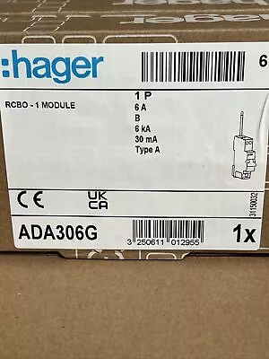 Hager RCBO Compact Domestic 6kA 30mA ADA306 • £10