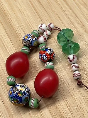 African Trade Beads Antique Venetian Millefiori Red Czech Pigeon Eggs Vaseline • $38
