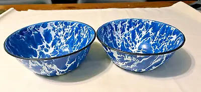 Lot Of 2 Vintage 6 1/2 Inch Blue Swirl Spatterware / Graniteware Enamel Bowls • $12.99