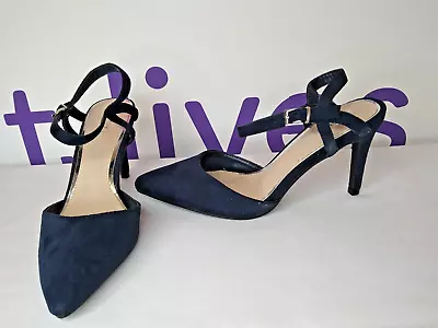 Quiz Ladies Navy Blue Pointy Ankle Strap Court High Heel Shoes New UK Size 5 • £14.99