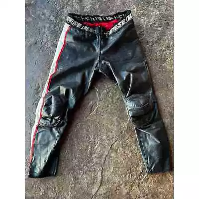 Dainese Men Leather Motorcycle Pants EU 56 US 40 Black Red White Protective Gear • $175